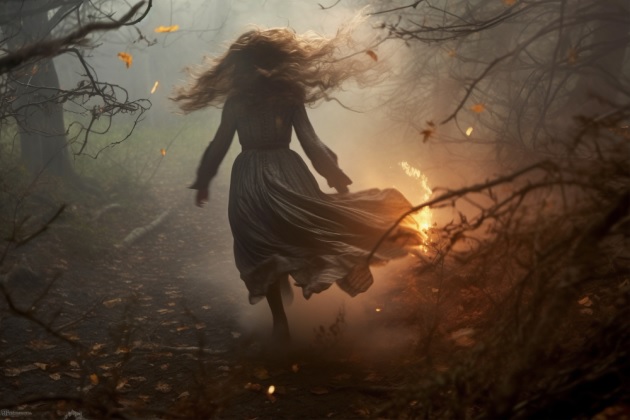 Fată care aleargă într-o pădure fermecată 
