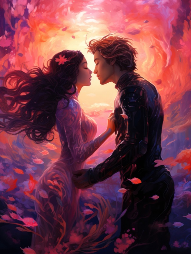 Două figuri mistice, bărbat și femeie, care se țin de mâini într-un univers cosmic colorat