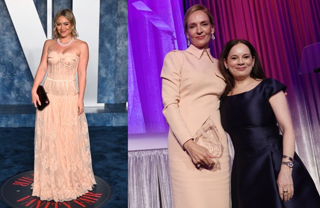 Hilary Duff care a purtat o rochie în nuanța Peach Fuzz, de la Dolce & Gabbana, la petrecerea de după Oscars Vanity Fair din martie 2023 și Uma Thurman într-o rochie Peach Fuzz alături de Julie Burns la Women Making History Awards  