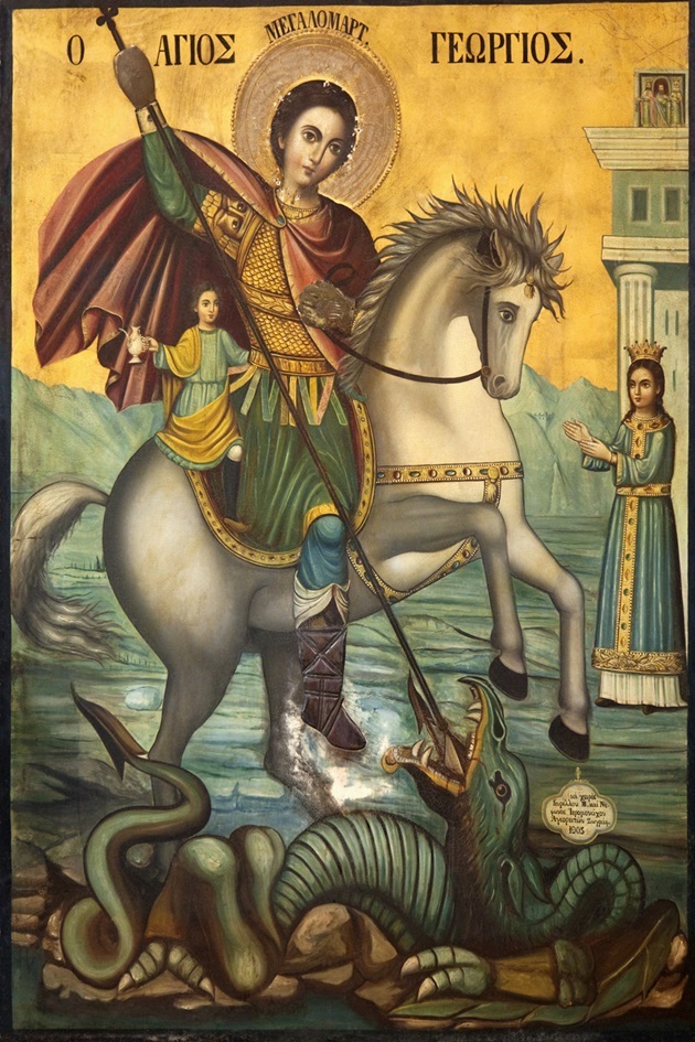 Icoană care îl înfățișează pe Sfântul Mucenic Gheorghe în timpul luptei cu balaurul, pentru salvarea fiicei împăratului