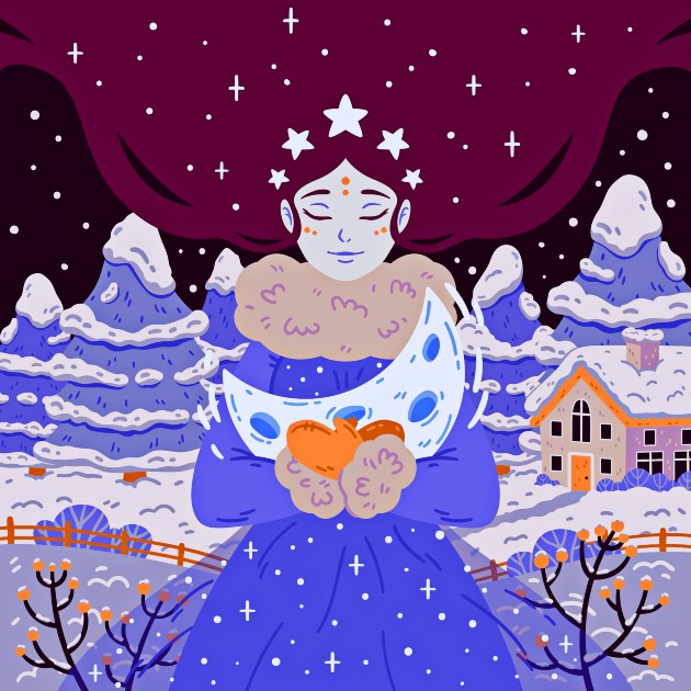 Ilustrație cu un personaj care ține o lună în brațe iarna