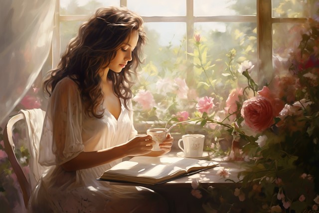 fata satena si frumoasa care scrie la un birou pe care se afla cesti de cafea si buchete de trandafiri